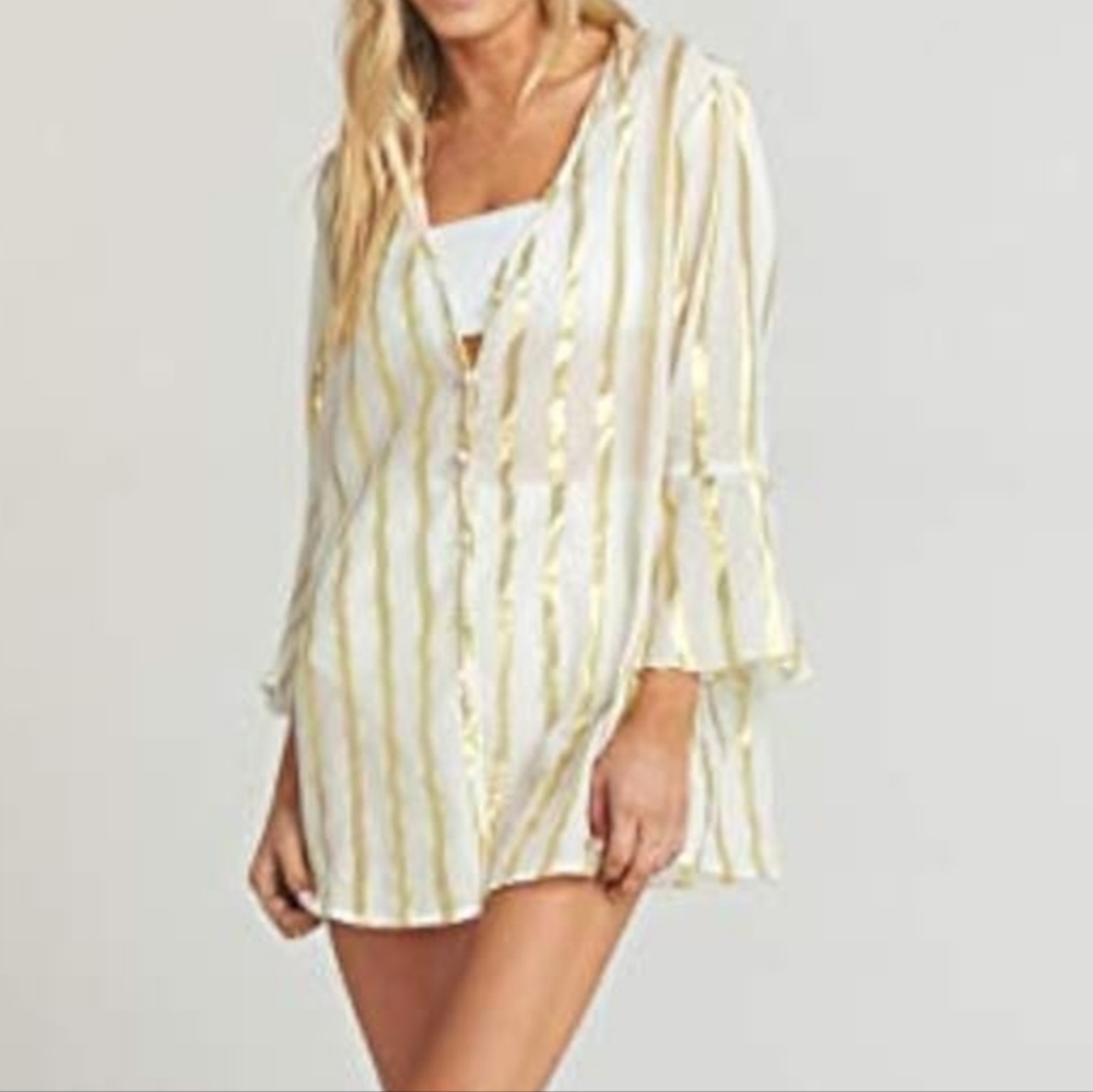 Show Me Your Mumu Gold White Striped Metallic Long Sleeve Sheer Button Down Top